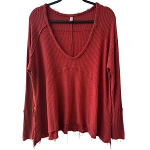 Free People Thermal Waffle Knit V Neck Distressed Long Sleeve Top Women Medium